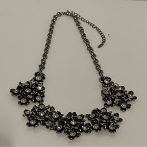 VCLM Signed Dark Silver Tone Rhinestone Flower Necklace
